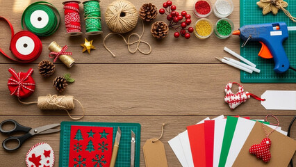 Diy christmas crafts flat lay with scissors, glue gun, ribbon, pine cones, glitter, and festive decorations on wooden table for holiday preparation.