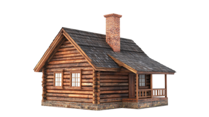 Rustic Log Cabin with Brick Chimney isolated on a transparent background