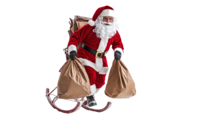 Santa Claus carrying gift bags isolated on a transparent background