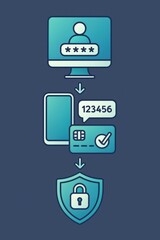 Fototapeta premium Digital security process depicted with multi factor authentication including password, verification code, credit card, and secure shield representing robust cybersecurity measures