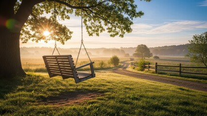 A peaceful wooden swing hangs from a large tree, bathed in the warm glow of the morning sun, overlooking a serene, misty rural landscape with a winding dirt path and a rustic fence