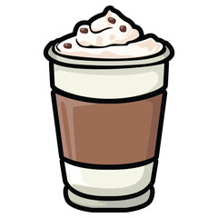 A set of hand drawn coffee drink illustrations featuring various café beverages such as latte, cappuccino, mocha, matcha, frappe, and creamy dessert drinks. Each cup is illustrated in a cute cartoon