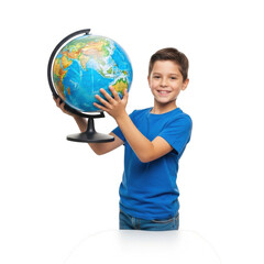 Fototapeta premium Smiling young boy holding a colorful globe isolated on transparent background