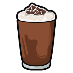 A set of hand drawn coffee drink illustrations featuring various café beverages such as latte, cappuccino, mocha, matcha, frappe, and creamy dessert drinks. Each cup is illustrated in a cute cartoon