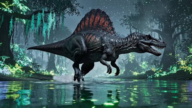 A dark-colored dinosaur with a red sail on its back running through a dark swamp with misty atmosphere and green vegetation.