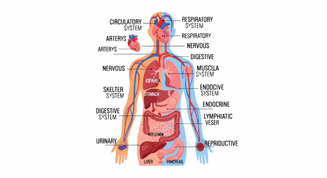 Labeled human anatomy of major internal body systems and organs presented in a detailed, simple 2D flat vector illustration on a clean white background, ideal for scientific and medical studies.