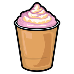 A set of hand drawn coffee drink illustrations featuring various café beverages such as latte, cappuccino, mocha, matcha, frappe, and creamy dessert drinks. Each cup is illustrated in a cute cartoon