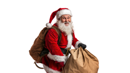Santa Claus with gifts bag and sack isolated on a transparent background