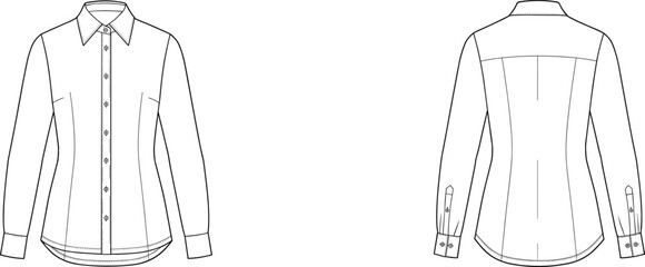 Women's button-up shirt technical flat sketch, front and back view, pointed collar, cuffed sleeves, curved hemline, tailored fit, fashion illustration, vector drawing