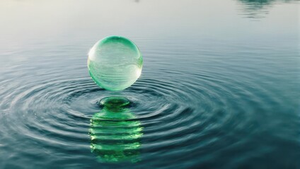 Crystal Sphere Droplet Creating Ripples on Calm Water Surface.