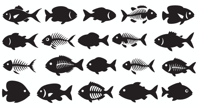 Black and White Fish Silhouettes and Skeletal Anatomy A Vector Illustration for Design and Education