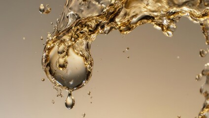 Close-up of a water droplet with a golden hue, capturing the essence of liquid dynamics.