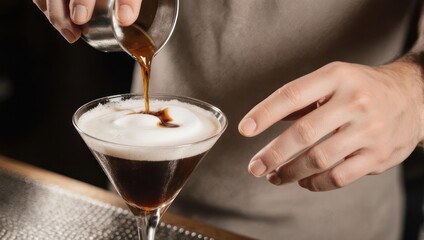 Bartender Pouring Espresso Martini Cocktail in Martini Glass.