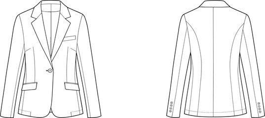 Women's Classic Single Breasted Tailored Blazer Jacket Notched Lapel Fashion Flats Technical Sketch Vector Illustration Front and Back View CAD Template