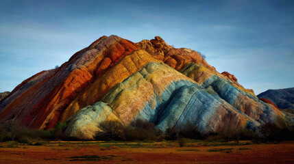 A colorful sandstone mountain with unique geological formations stands majestically against a blue sky in Zhangye Danxia National Geological Park in China.