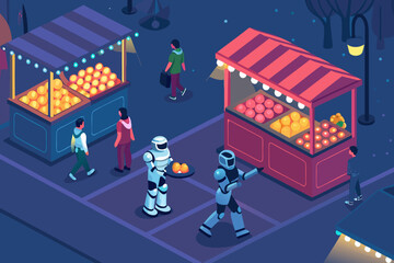Depicting Robot Marketplace Scene With Glowing Object Stunning Premium Digital Asset