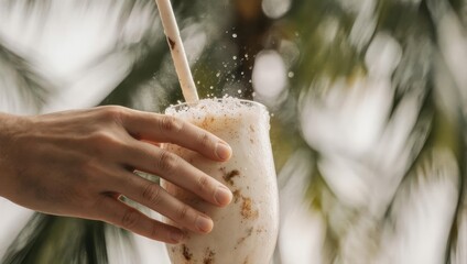 Close-up of a hand holding a refreshing tropical drink with a straw, set against a blurred green background.