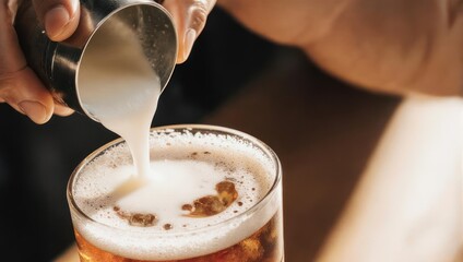 Bartender carefully pouring a creamy white foam topping into a glass.