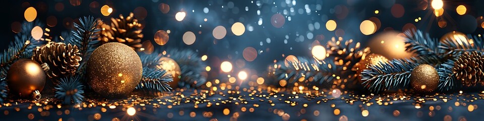 Panoramic Festive Holiday Background with Golden Ornaments and Pine Cones Illuminated by Soft Bokeh Lights