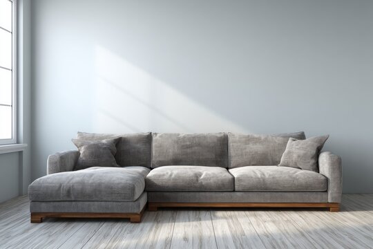 Modern sectional sofa with pillows rests against a wall.
