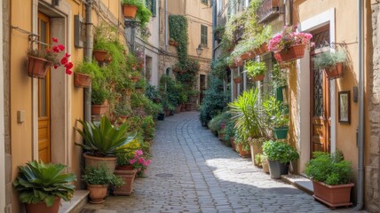 Fototapeta premium Mediterranean alleyway adorned with vibrant flowers and plants