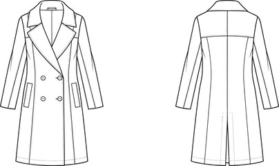 Women's Double Breasted Mid-Length Classic Trench Coat Overcoat Lapel Collar Fashion Flats Technical Sketch Vector Illustration Front and Back View CAD Template