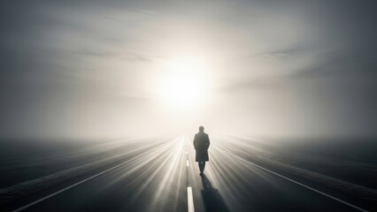 Lone businessman walks towards bright light at the end of a road symbolizing hope and future