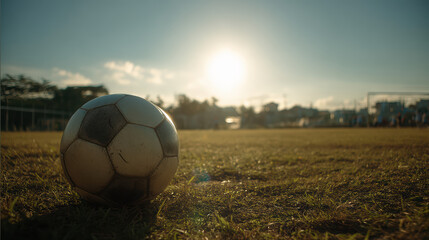 A soccer ball rests on the grass field du sunset, with the sun shining brightly in the background creating a warm and inviting atmosphere for the sport.