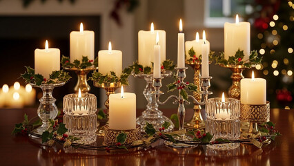 Festive christmas candle arrangement with holly and bokeh lights, creating a warm and cozy holiday atmosphere indoors.