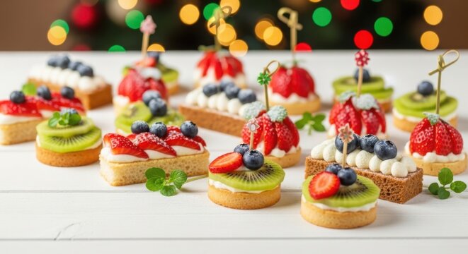 Colorful fruit tarts and desserts with festive lights - Powered by Adobe