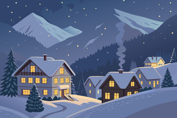 Stunning Snowy Mountain Village Night With Glowin Creative Visual