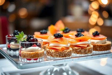 Beautifully arranged catering banquet table showcasing assorted snacks, appetizers, sandwiches, caviar, and fresh fruits for festive corporate, birthday, Christmas, wedding, or celebration events.