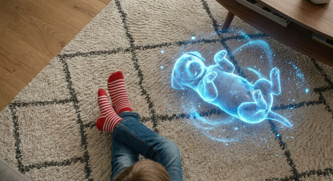 Child Playing with Virtual AI Companion Puppy Future Friendship Concept