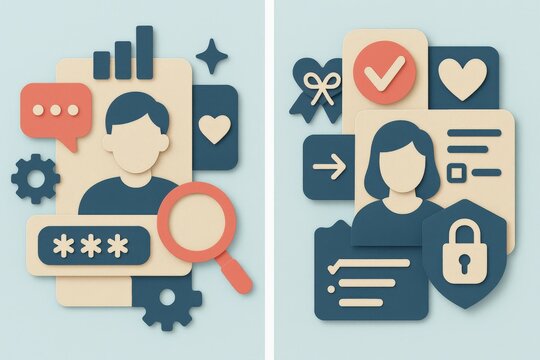 Digital identity management showcasing user profile components with security features and data symbolism to emphasize personalization and privacy measures