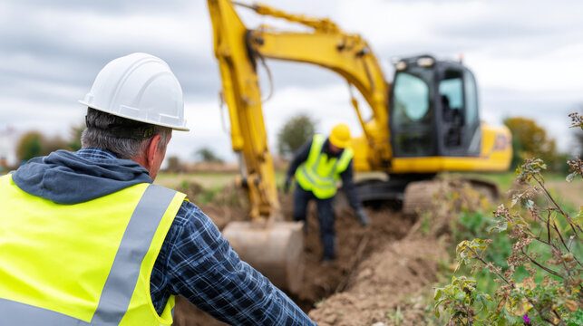 Construction worker in safety gear observes excavation process with heavy machinery, showcasing teamwork and dedication to site development and infrastructure improvement