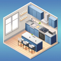 Modern blue kitchen room interior with furniture and household appliances in isometric style