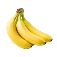 Vibrant bunch of fresh, ripe yellow bananas with green stems, smooth unblemished skin, isolated on a bright white background with soft studio light, commercial food concept