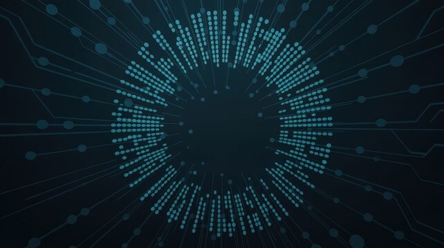 A circular arrangement of dots and lines in shades of blue on a dark background creates a tech vibe