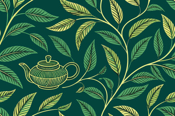 Elegant Tea Leaves And Teapot With Flowing Premium Digital Asset