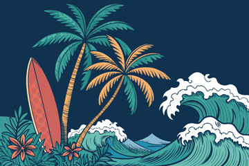 Dynamic Tropical Beach Elements Palm Waves Surfb Creative Visual