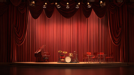 A grand piano and drum set sit on a wooden stage in front of closed red velvet curtains illuminated by spotlights creating a classic theatrical ambiance.