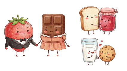Cute Cartoon Characters of Strawberry, Chocolate, Bread, Jam, Milk, Cookie in Playful Scene