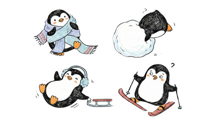 Obraz premium Cute Cartoon Penguins Playing in Snow with Accessories and Winter Activities