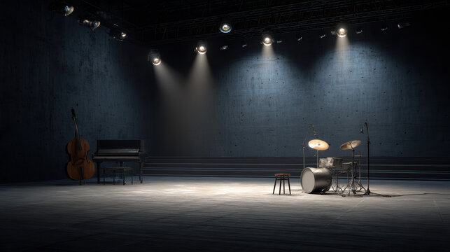 Empty stage is illuminated by spotlights highlighting musical instruments including drums, piano, and cello in anticipation of a performance, creating drama.