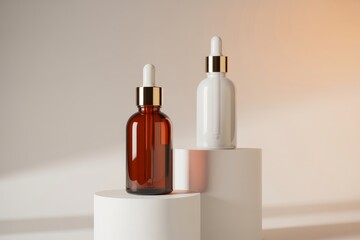 Two cosmetic dropper bottles on white pedestals serum