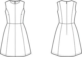 Women's Elegant Sleeveless A-line Mini Dress Princess Seams Fashion Flats Technical Sketch Vector Illustration Front and Back View CAD Template