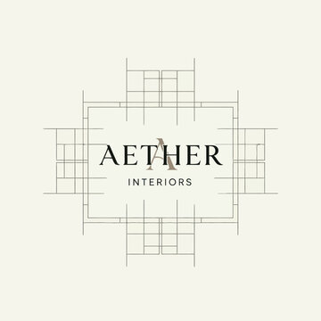 Aether Interiors Logo Design Architectural Blueprint Style.