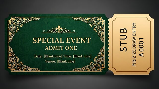 Elegant green and gold special event admission ticket with detachable stub for entry or raffle