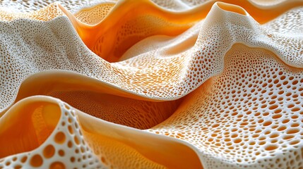 Abstract organic texture background with white porous, perforated surface and vibrant orange undulating forms, creating a complex biological pattern.