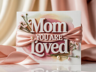 Show your love this Mother's Day with a stunning card saying 'Mom you are loved,' wrapped in a delicate pink ribbon and adorned with charming flowers, perfect for heartfelt wishes